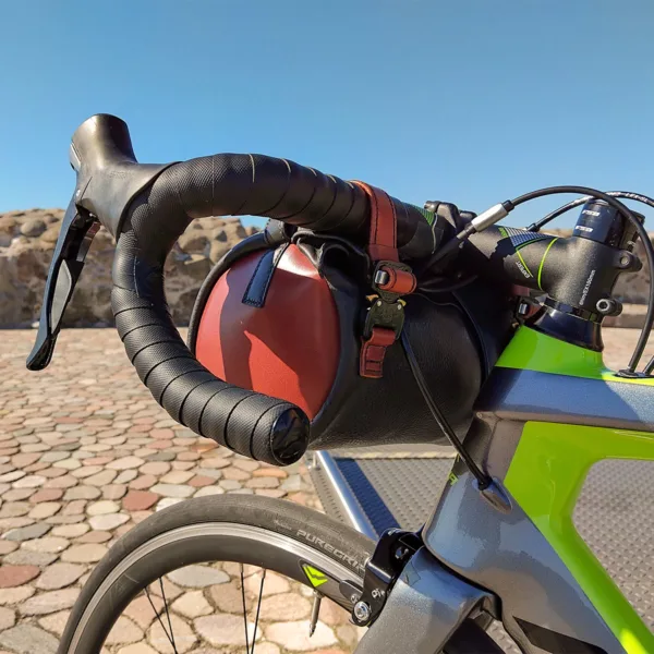 Handlebar bag mounted on road bike handlebars